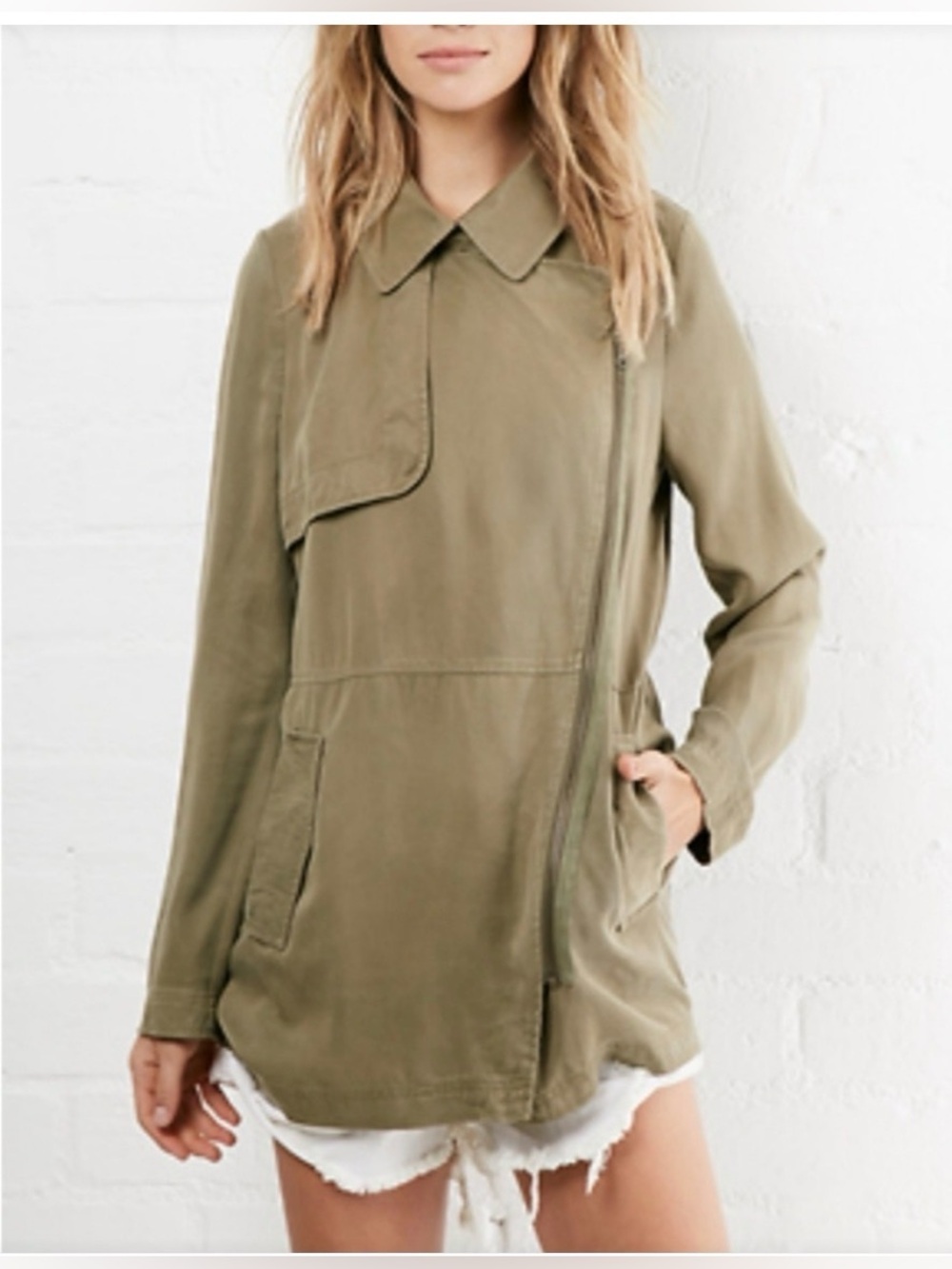 Gentle Fawn gXf Olive Khaki Utility Jacket w Asymmetrical Zip Front Closure - M